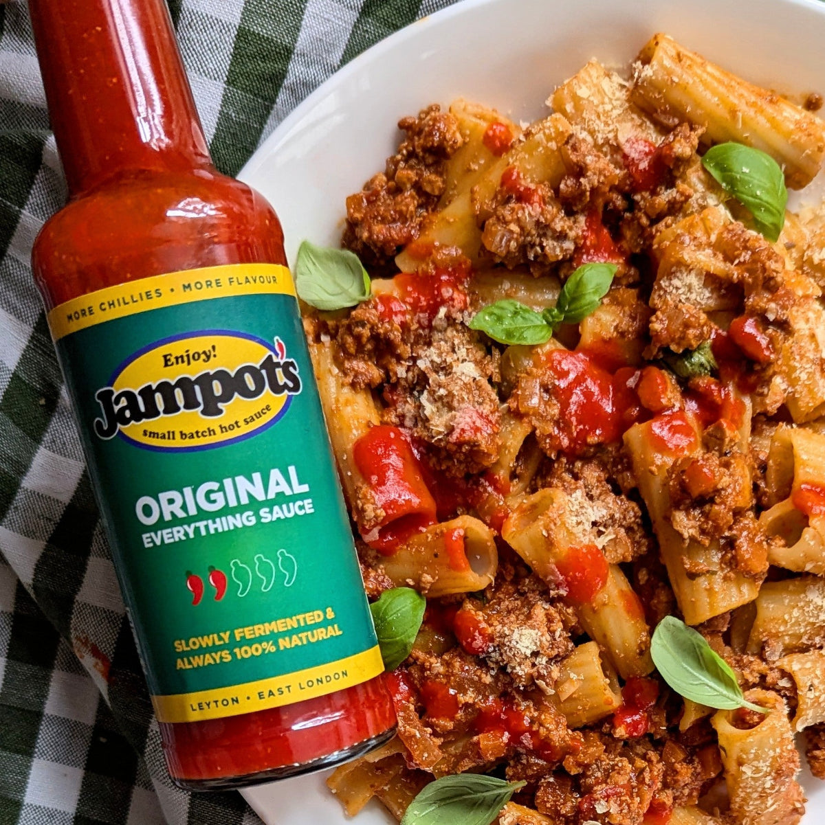 Jampot's fermented hot sauce drizzled on rigatoni Bolognese