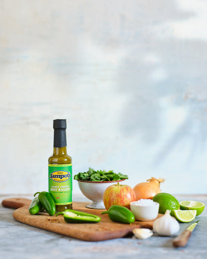 Lifestyle shot of Jampot's small-batch green hot sauce