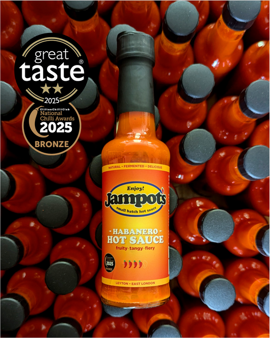Jampot's "award-winning" Habanero Hot Sauce bottle with . Natural and fermented.