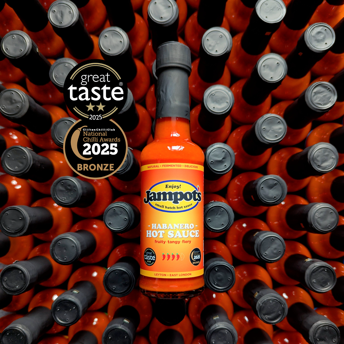 Jampot's "award-winning" Habanero Hot Sauce bottle with . Natural and fermented.
