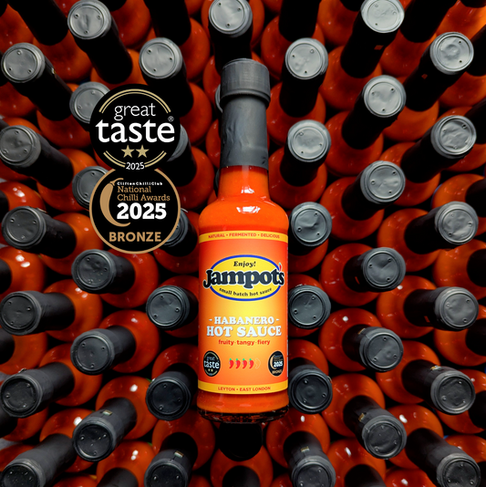Jampot's "award-winning" Habanero Hot Sauce bottle with . Natural and fermented.