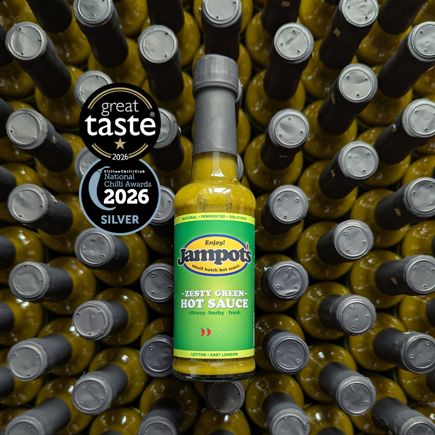 Jampot's zesty green hot sauce bottle with Award badges on a background of similar bottles.