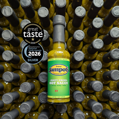 Jampot's zesty green hot sauce bottle with Award badges on a background of similar bottles.