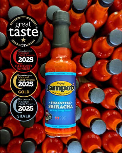 Jampot's award-winning Thai-style Sriracha bottle surrounded by more bottles.