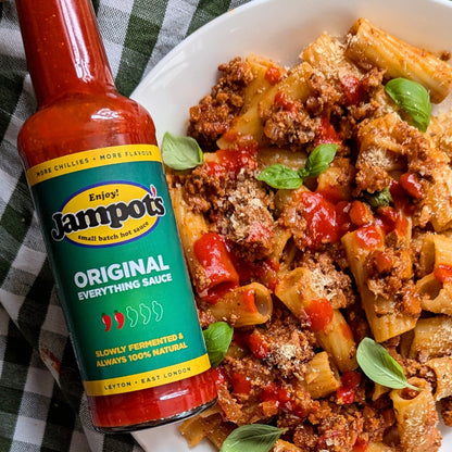 Jampot's fermented hot sauce drizzled on rigatoni Bolognese 