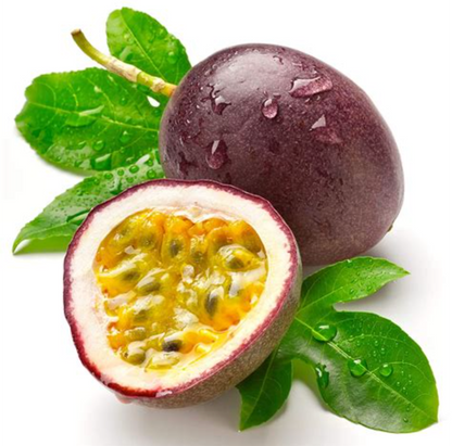 Passion fruit with a cut half showing seeds, surrounded by green leaves on a white background